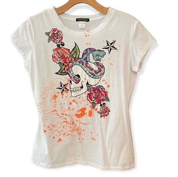 Crystal Mongkey XL* White Red Gypsy Rose Sugar Skull Skelton T-Shirt - Picture 1 of 6